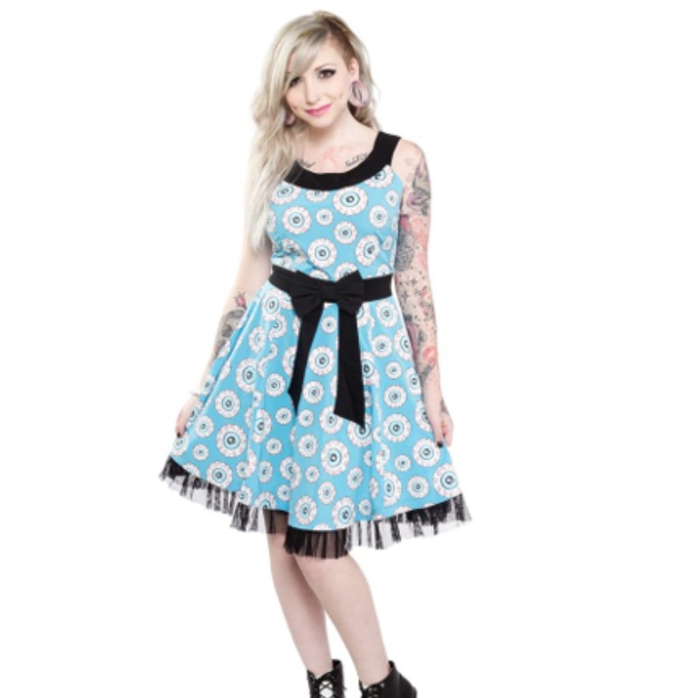 Sourpuss Horror Halloween Eyeball Spooky 1950s Retro Party Dress with Black Mesh